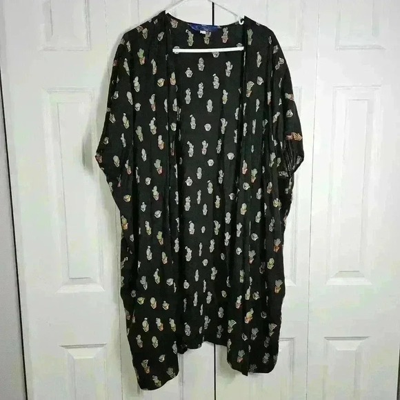 Blue Rain Tops - Francescas Blue Rain Blouse Topper Womens M Black Green Cactus Shrug Cover Up